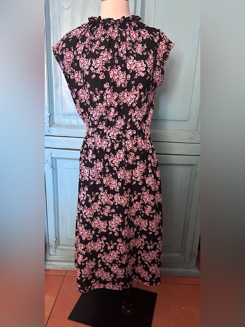 Banana Republic Black Midi Dress with Pink Floral Print